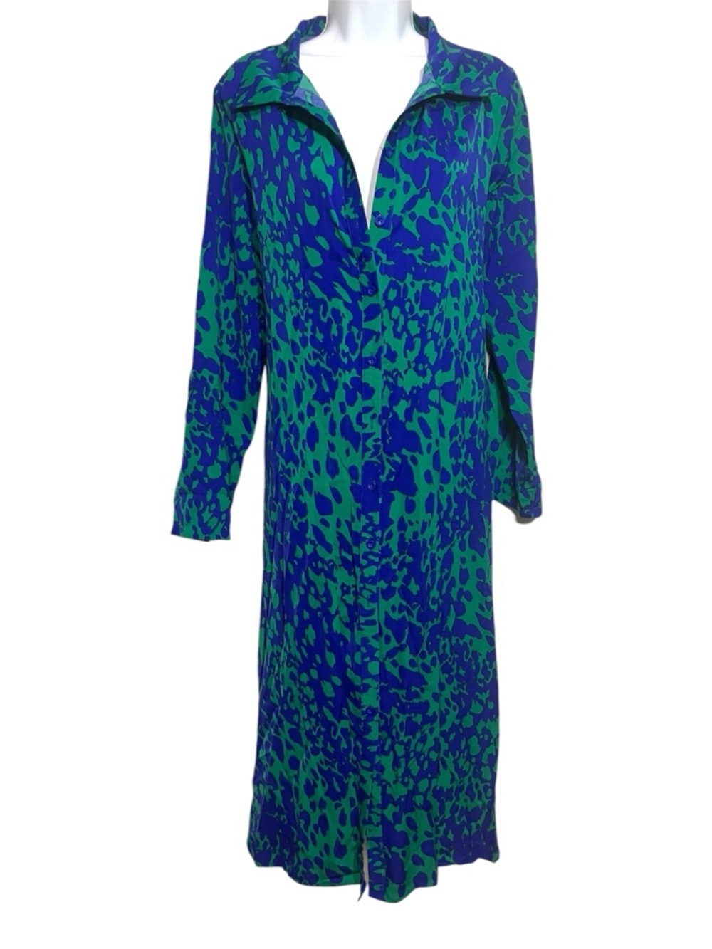 Blue & Green Abstract Print Long Shirt Dress Size Large Summer Resort Vacation